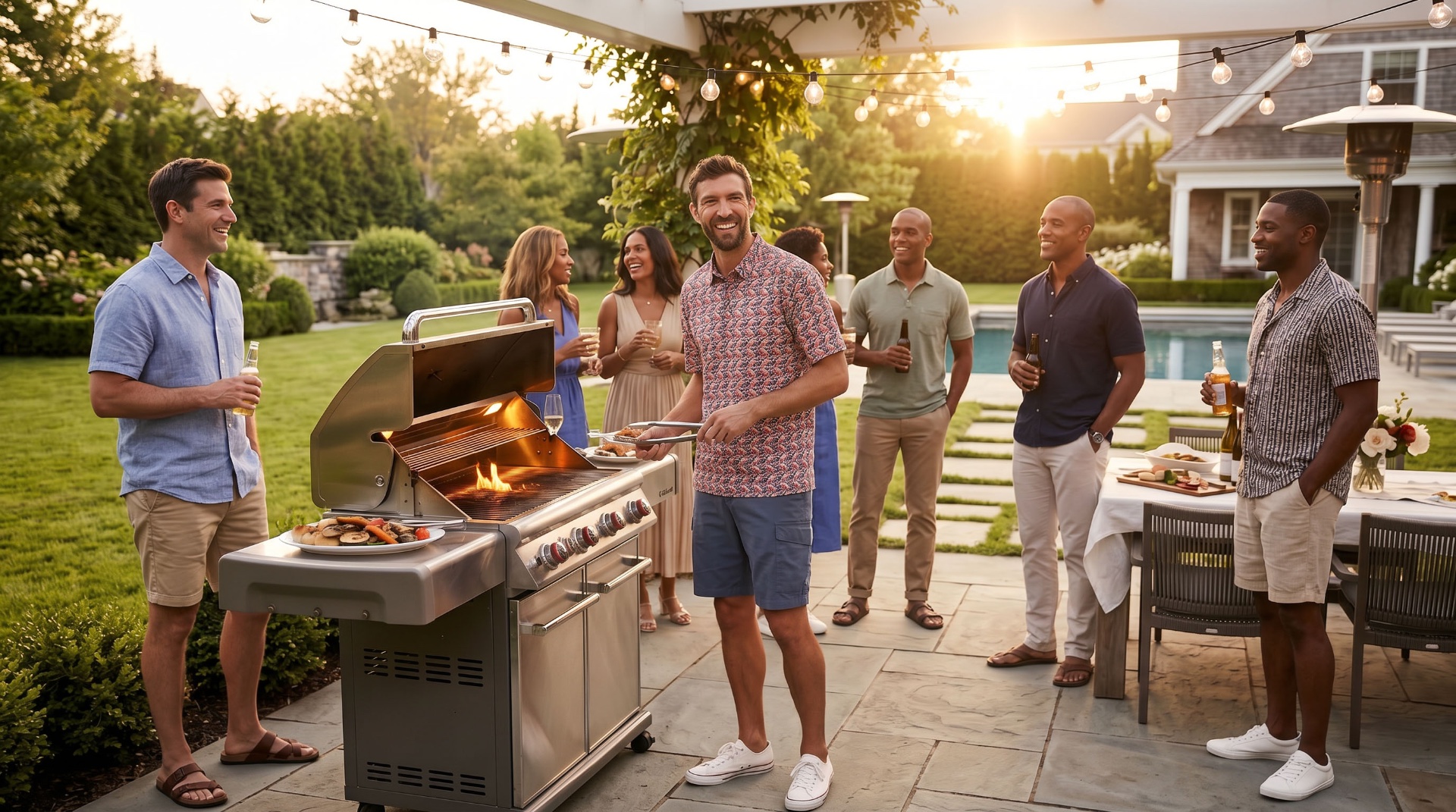 Hallstatt Spring '27 campaign — backyard gathering at golden hour